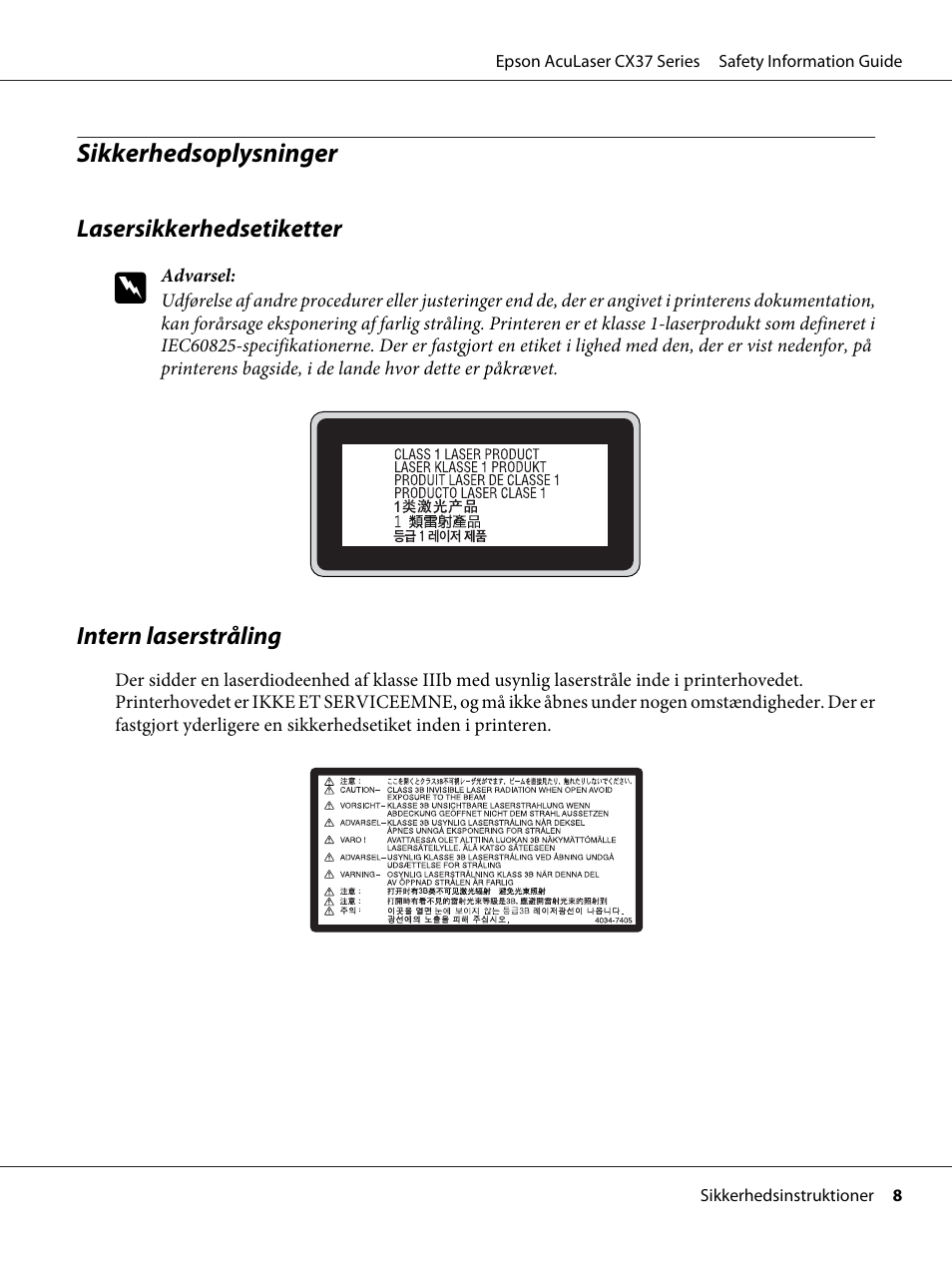 Sikkerhedsoplysninger | Epson AcuLaser CX37DNF User Manual | Page 70 / 225