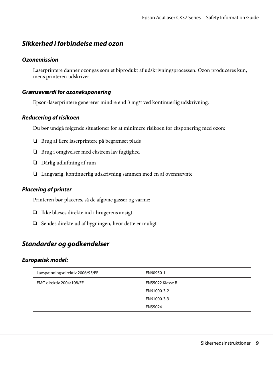 Sikkerhed i forbindelse med ozon, Standarder og godkendelser | Epson AcuLaser CX37DNF User Manual | Page 71 / 225