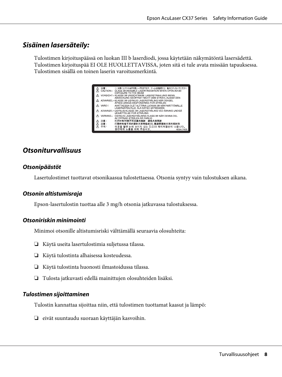 Sisäinen lasersäteily, Otsoniturvallisuus | Epson AcuLaser CX37DNF User Manual | Page 79 / 225