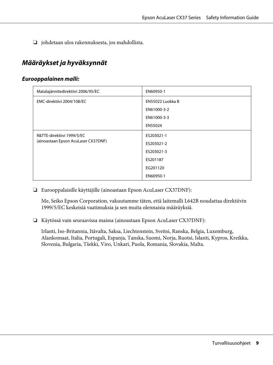 Määräykset ja hyväksynnät | Epson AcuLaser CX37DNF User Manual | Page 80 / 225