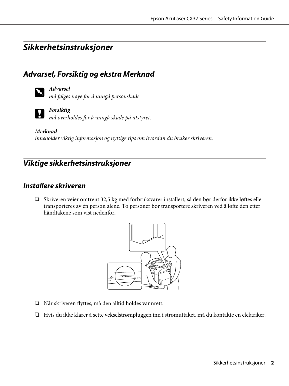 Norsk, Advarsel, forsiktig og ekstra merknad, Viktige sikkerhetsinstruksjoner | Sikkerhetsinstruksjoner | Epson AcuLaser CX37DNF User Manual | Page 81 / 225