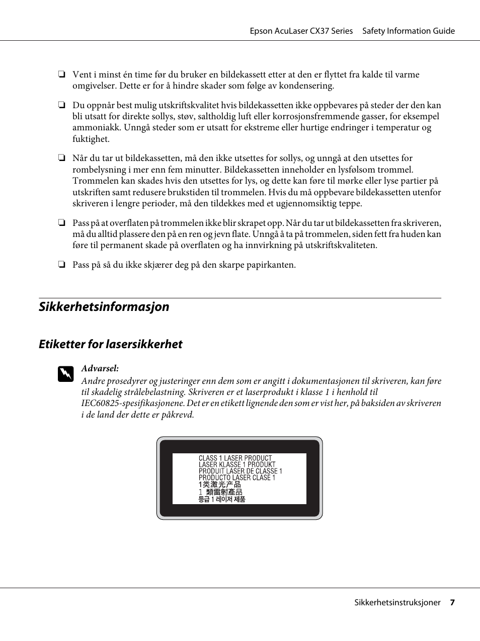 Sikkerhetsinformasjon | Epson AcuLaser CX37DNF User Manual | Page 86 / 225