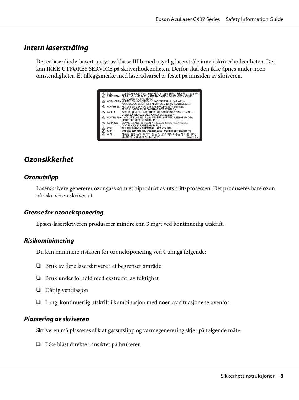 Intern laserstråling, Ozonsikkerhet | Epson AcuLaser CX37DNF User Manual | Page 87 / 225