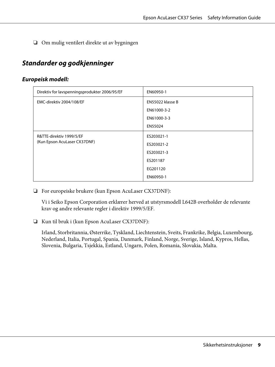 Standarder og godkjenninger | Epson AcuLaser CX37DNF User Manual | Page 88 / 225