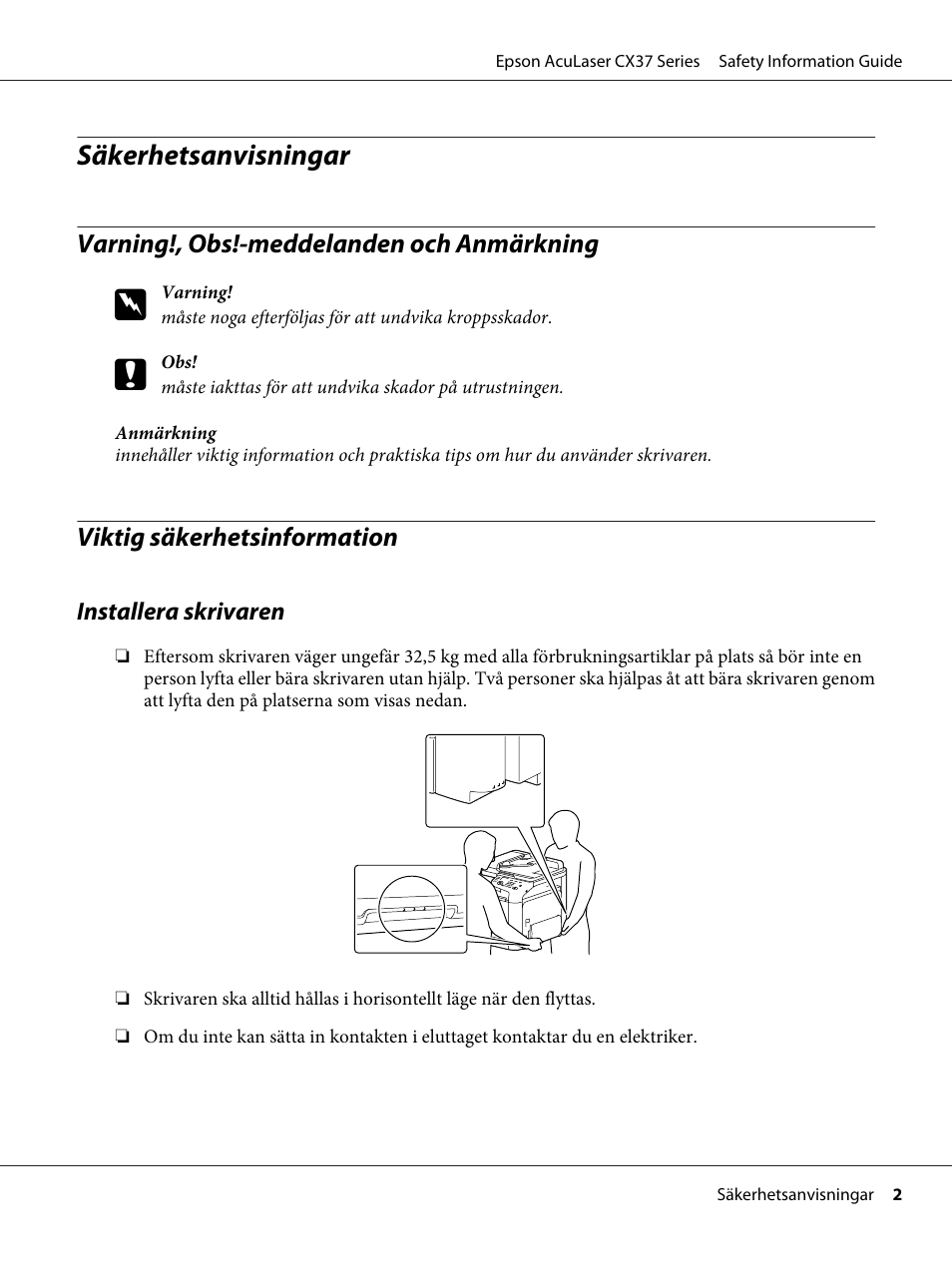 Svenska, Varning!, obs!-meddelanden och anmärkning, Viktig säkerhetsinformation | Säkerhetsanvisningar | Epson AcuLaser CX37DNF User Manual | Page 89 / 225