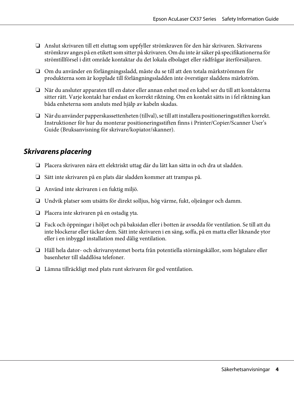 Skrivarens placering | Epson AcuLaser CX37DNF User Manual | Page 91 / 225