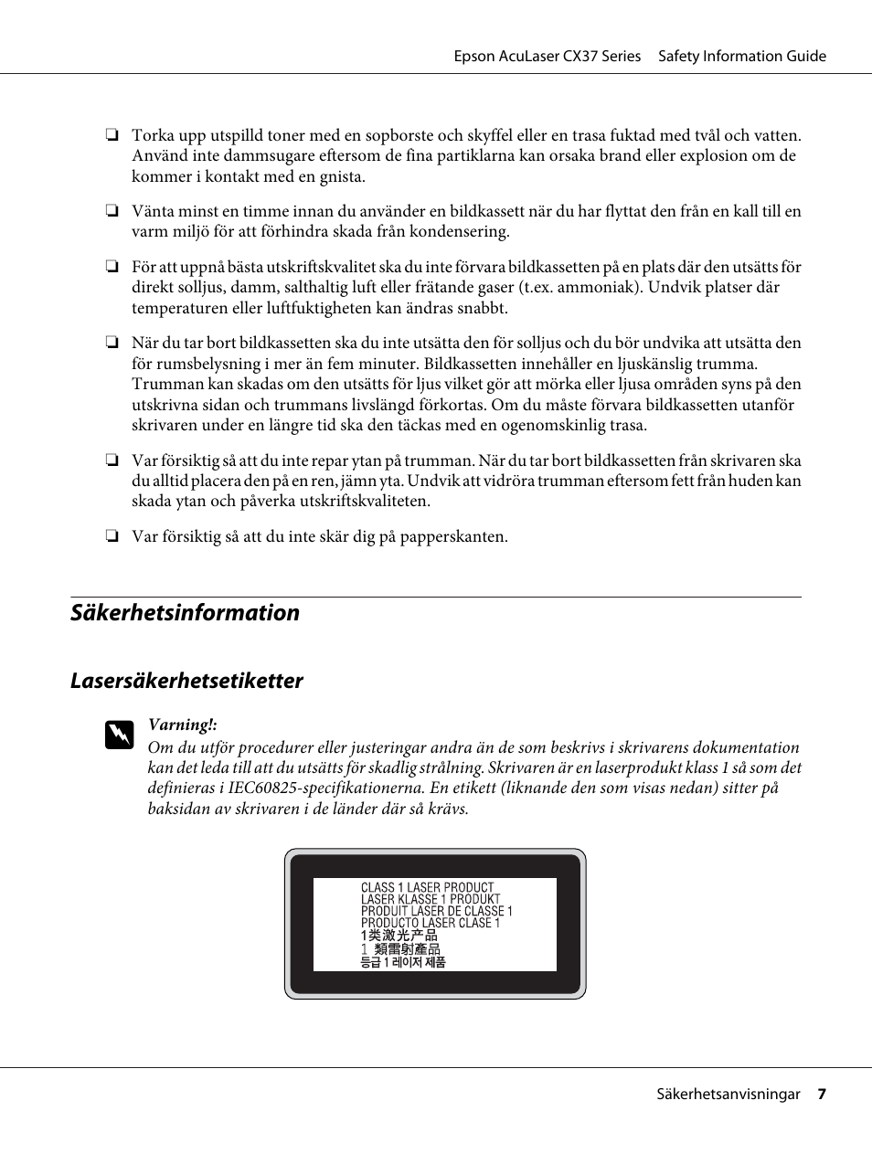 Säkerhetsinformation | Epson AcuLaser CX37DNF User Manual | Page 94 / 225