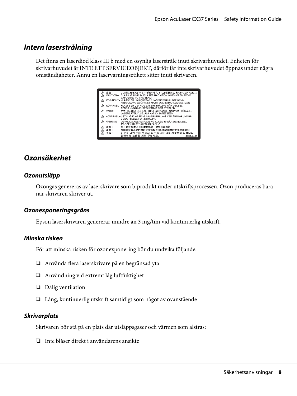 Intern laserstrålning, Ozonsäkerhet | Epson AcuLaser CX37DNF User Manual | Page 95 / 225