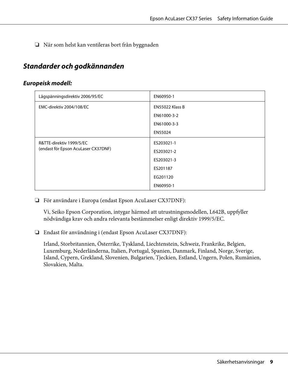 Standarder och godkännanden | Epson AcuLaser CX37DNF User Manual | Page 96 / 225