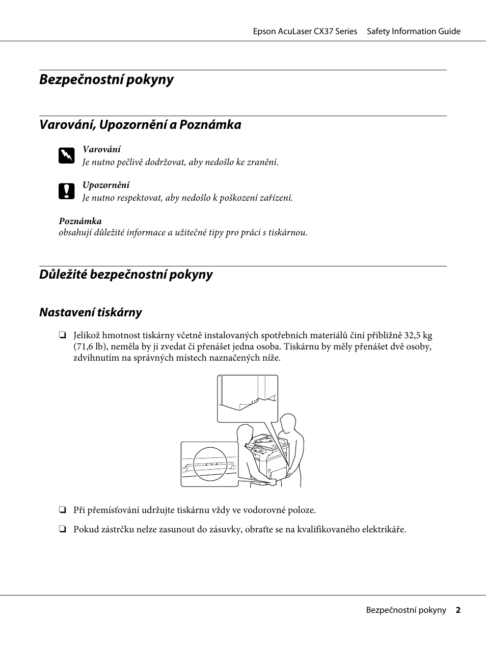 Česky, Varování, upozornění a poznámka, Důležité bezpečnostní pokyny | Bezpečnostní pokyny | Epson AcuLaser CX37DNF User Manual | Page 97 / 225