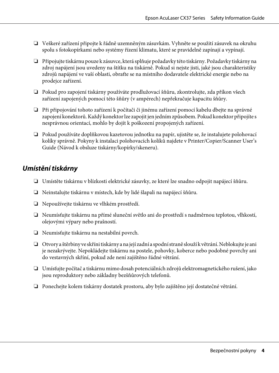Umístění tiskárny | Epson AcuLaser CX37DNF User Manual | Page 99 / 225