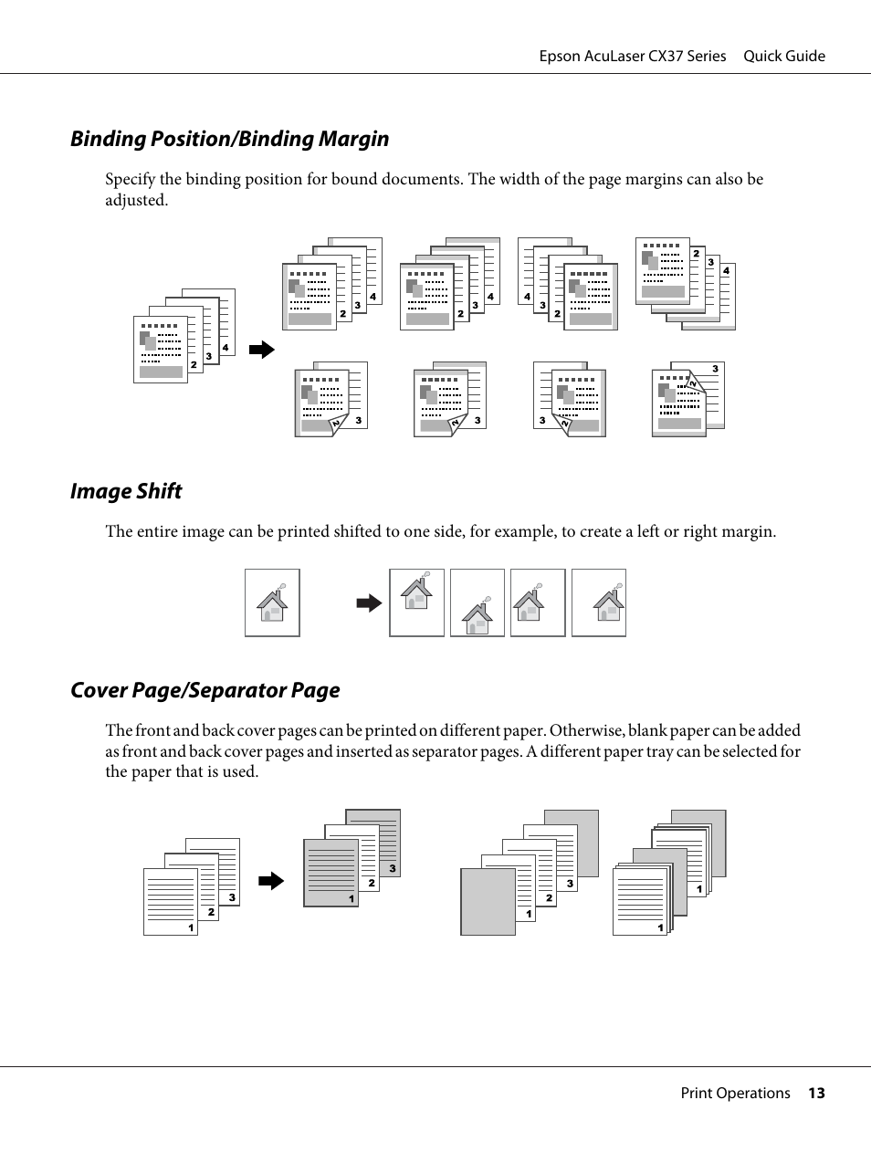 Binding position/binding margin, Image shift, Cover page/separator page | Epson AcuLaser CX37DNF User Manual | Page 13 / 28