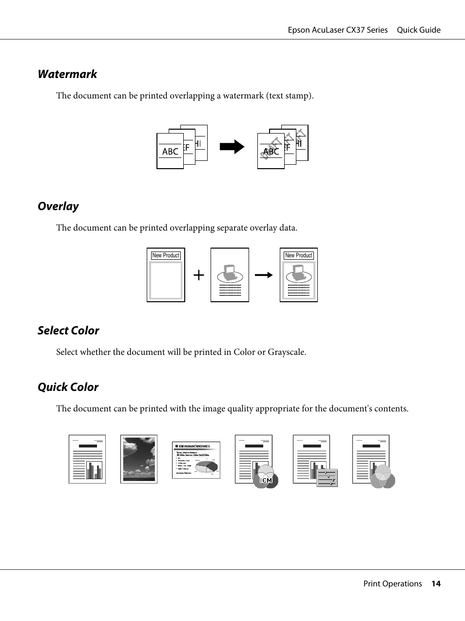 Watermark, Overlay, Select color | Quick color | Epson AcuLaser CX37DNF User Manual | Page 14 / 28