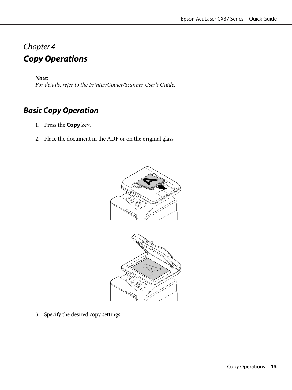 Copy operations, Basic copy operation, Chapter 4 | Epson AcuLaser CX37DNF User Manual | Page 15 / 28
