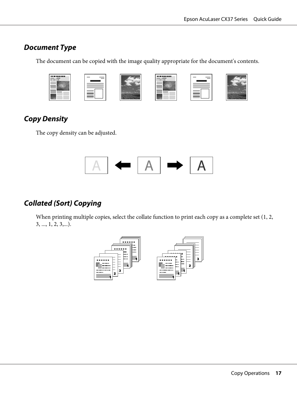 Document type, Copy density, Collated (sort) copying | Epson AcuLaser CX37DNF User Manual | Page 17 / 28
