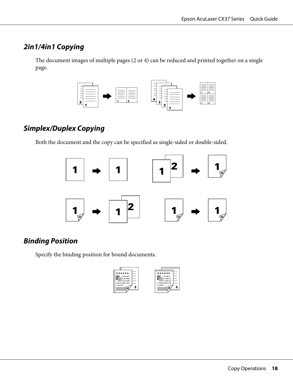 2in1/4in1 copying, Simplex/duplex copying, Binding position | Epson AcuLaser CX37DNF User Manual | Page 18 / 28