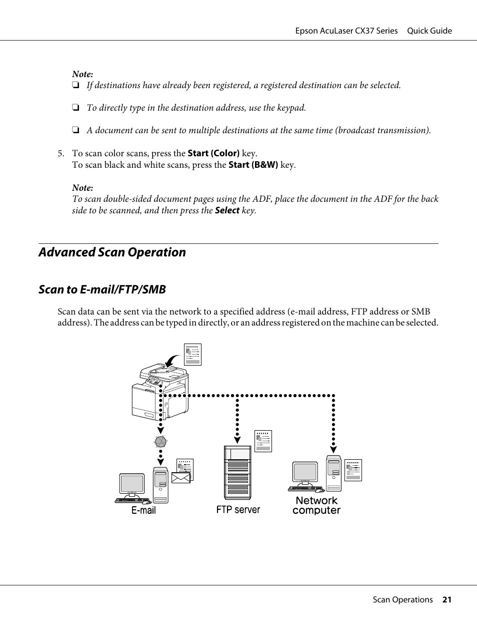 Advanced scan operation, Scan to e-mail/ftp/smb | Epson AcuLaser CX37DNF User Manual | Page 21 / 28