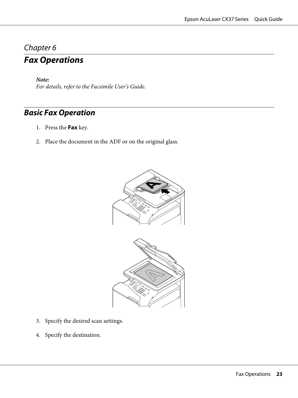 Fax operations, Basic fax operation, Chapter 6 | Epson AcuLaser CX37DNF User Manual | Page 23 / 28