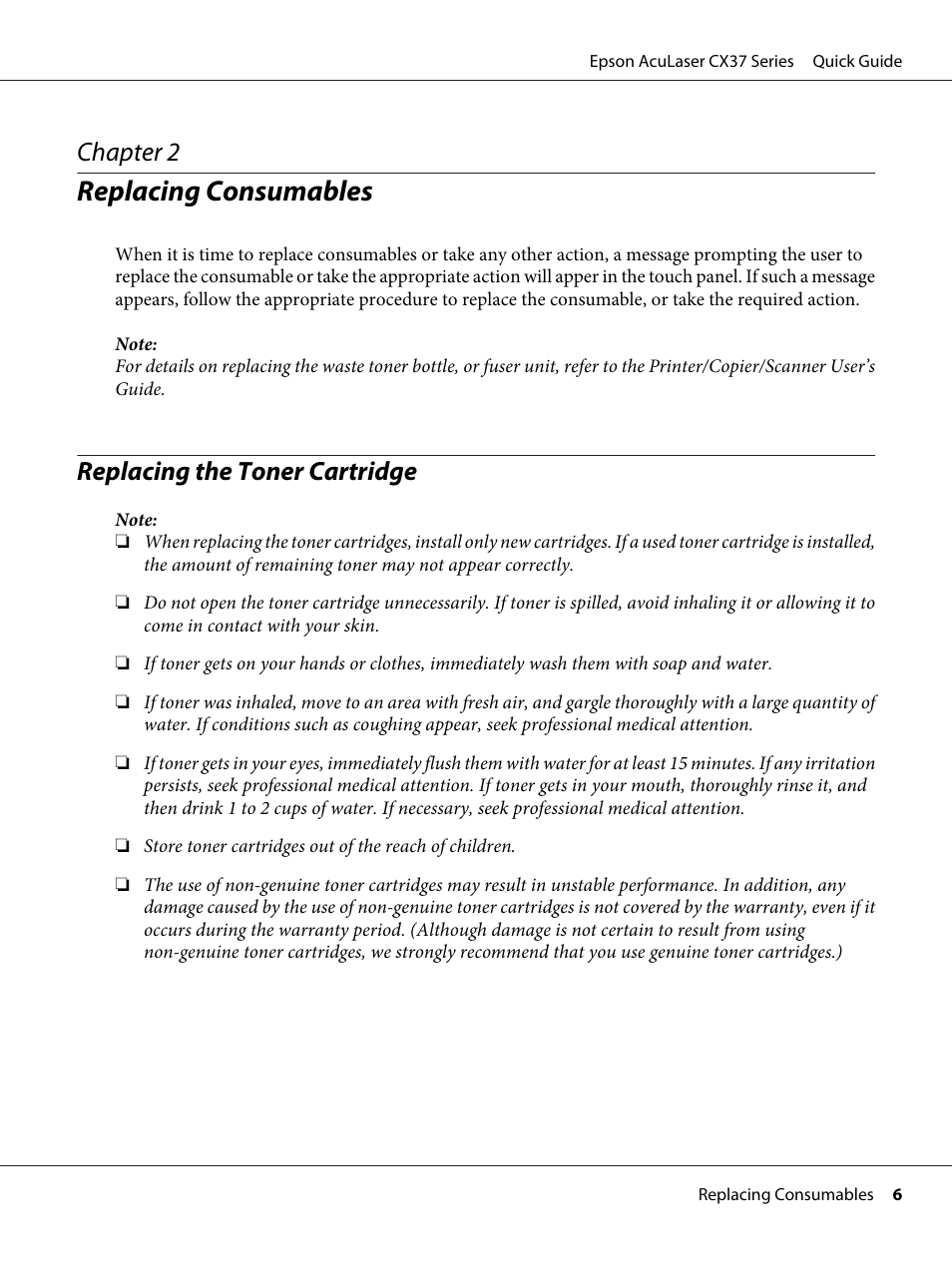 Replacing consumables, Replacing the toner cartridge, Chapter 2 | Epson AcuLaser CX37DNF User Manual | Page 6 / 28