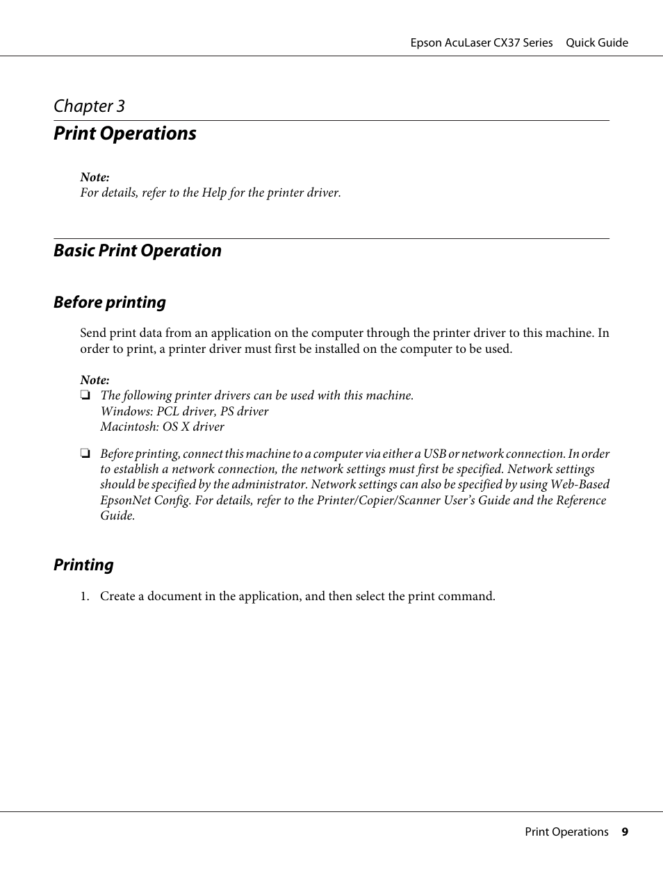 Print operations, Basic print operation, Chapter 3 | Epson AcuLaser CX37DNF User Manual | Page 9 / 28