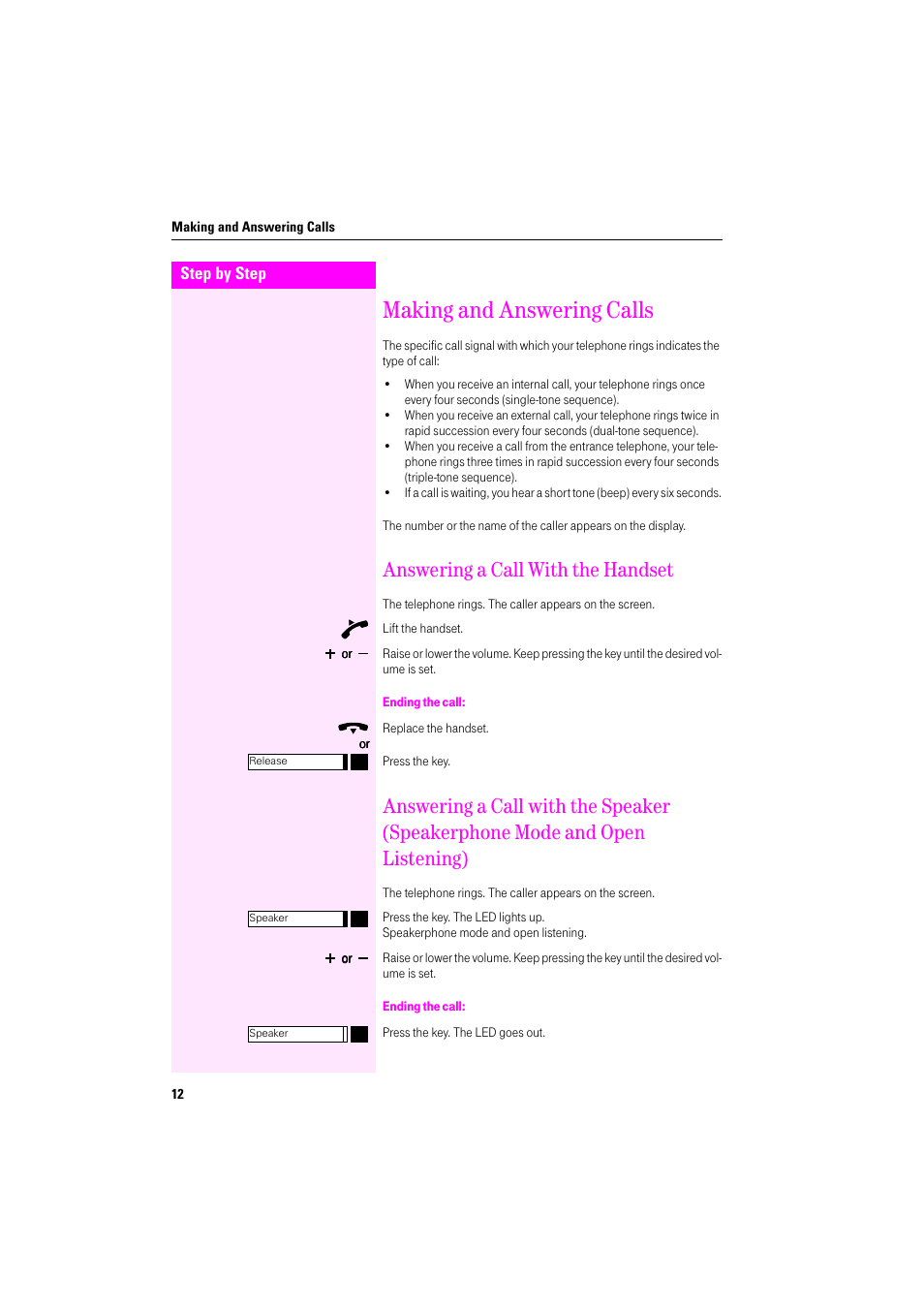 Making and answering calls, Answering a call with the handset, Ending the call | Deutsche Telekom Octophon F400 User Manual | Page 12 / 106