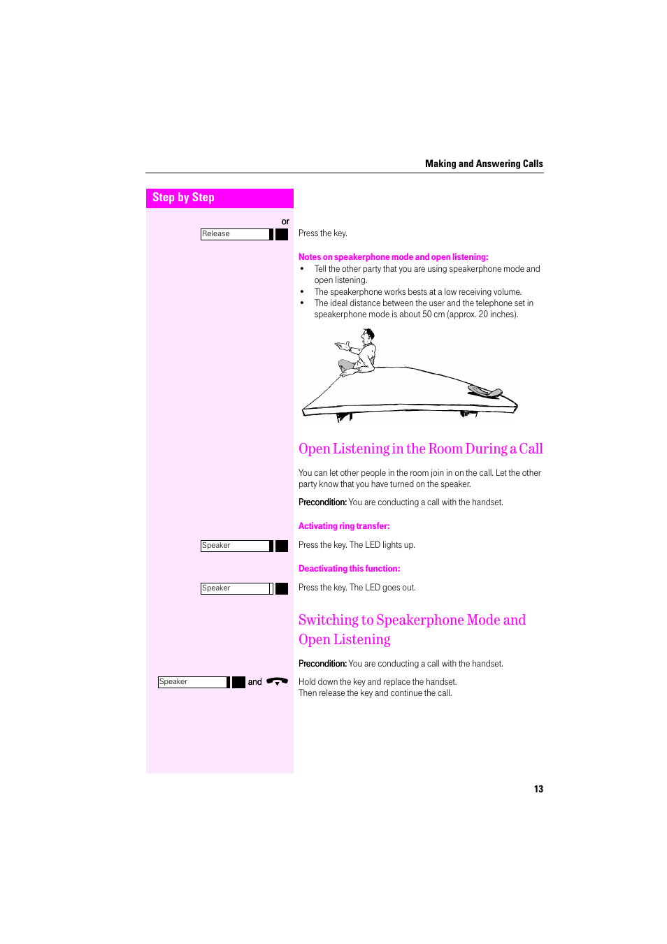 Notes on speakerphone mode and open listening, Open listening in the room during a call, Activating ring transfer | Deactivating this function, Switching to speakerphone mode and open listening | Deutsche Telekom Octophon F400 User Manual | Page 13 / 106