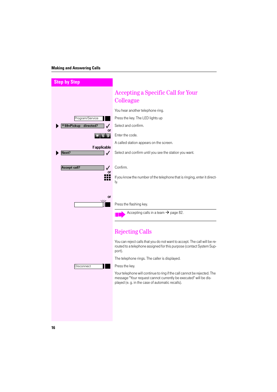 Accepting a specific call for your colleague, Rejecting calls | Deutsche Telekom Octophon F400 User Manual | Page 16 / 106