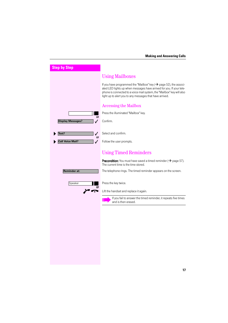 Using mailboxes, Accessing the mailbox, Using timed reminders | Deutsche Telekom Octophon F400 User Manual | Page 17 / 106
