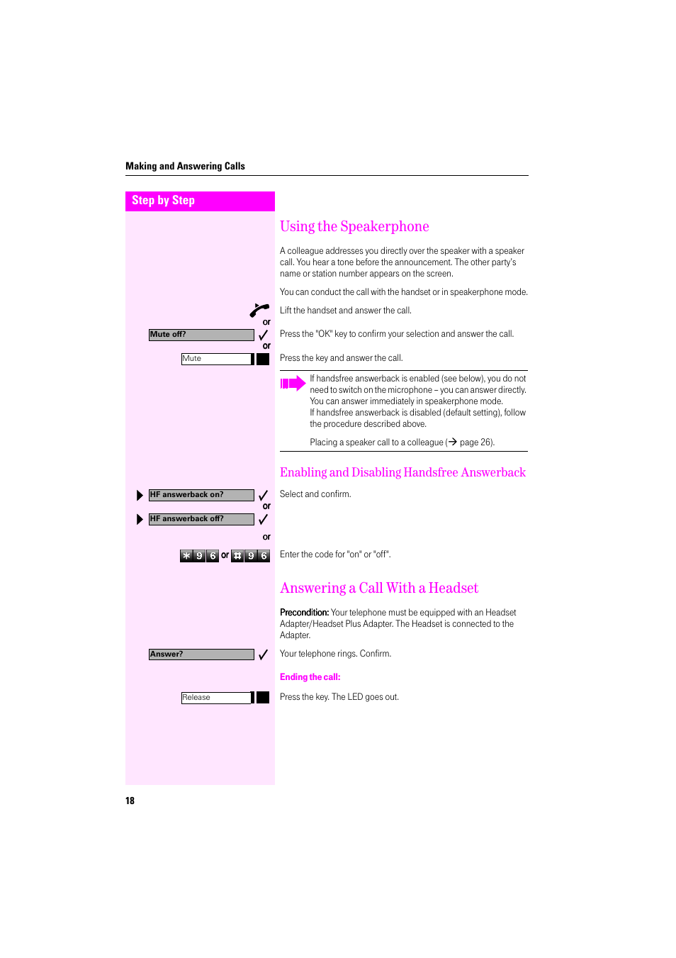 Using the speakerphone, Enabling and disabling handsfree answerback, Answering a call with a headset | Ending the call | Deutsche Telekom Octophon F400 User Manual | Page 18 / 106