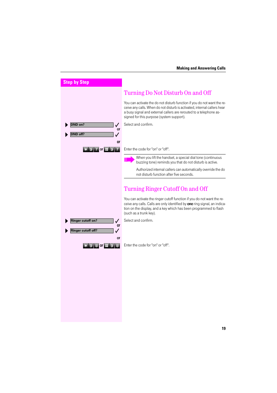 Turning do not disturb on and off, Turning ringer cutoff on and off | Deutsche Telekom Octophon F400 User Manual | Page 19 / 106
