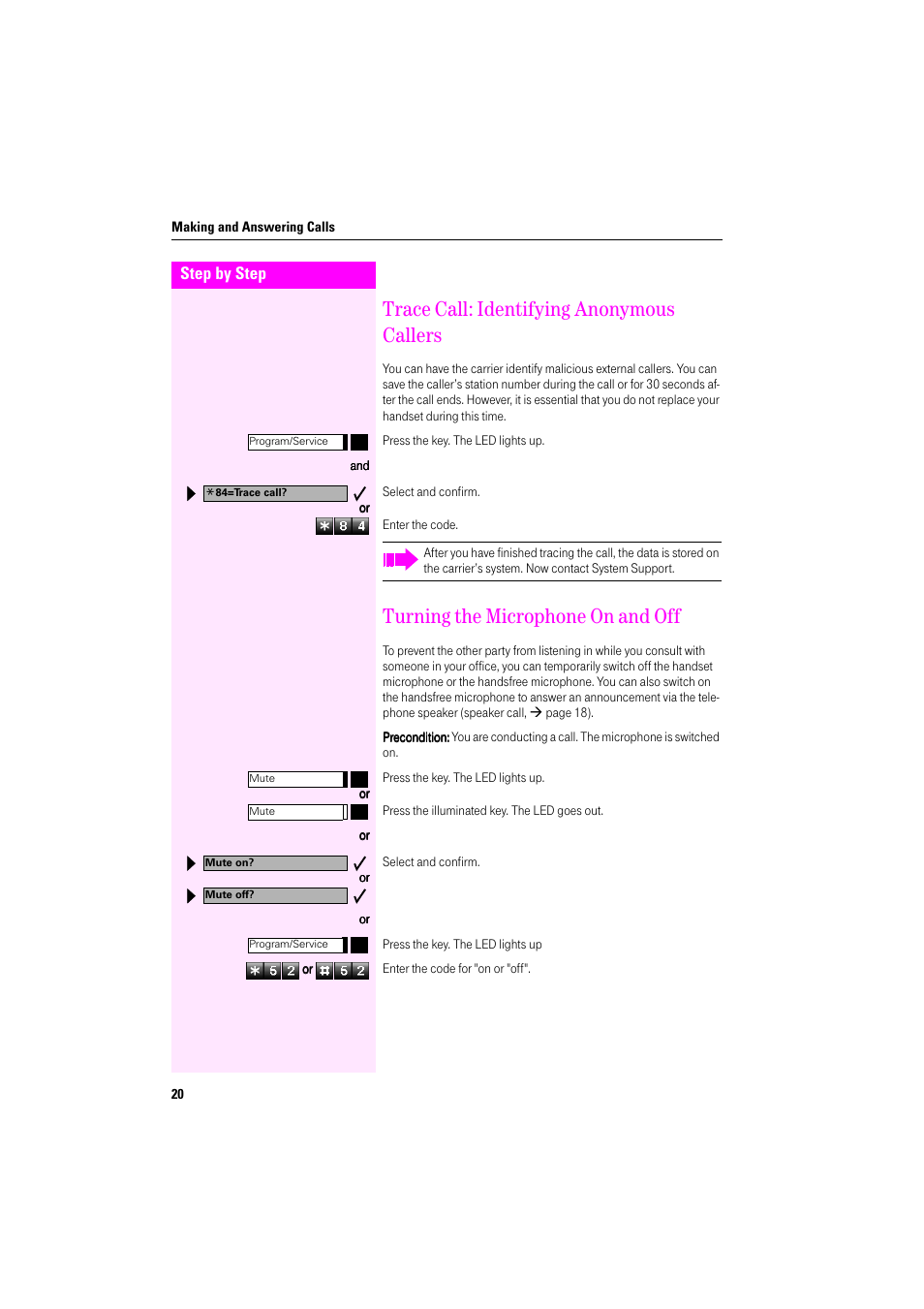 Trace call: identifying anonymous callers, Turning the microphone on and off | Deutsche Telekom Octophon F400 User Manual | Page 20 / 106