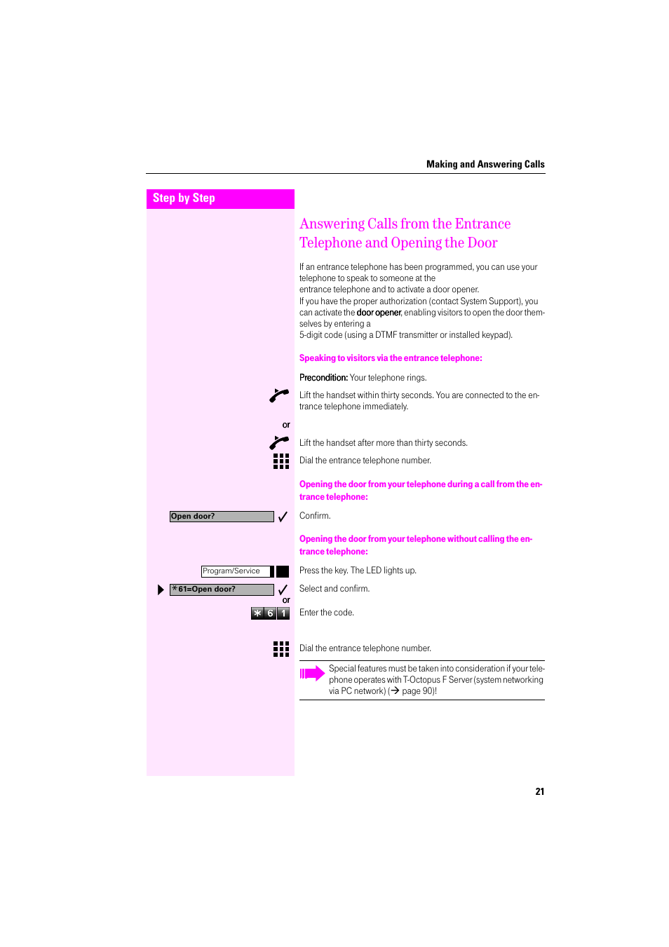 Speaking to visitors via the entrance telephone | Deutsche Telekom Octophon F400 User Manual | Page 21 / 106