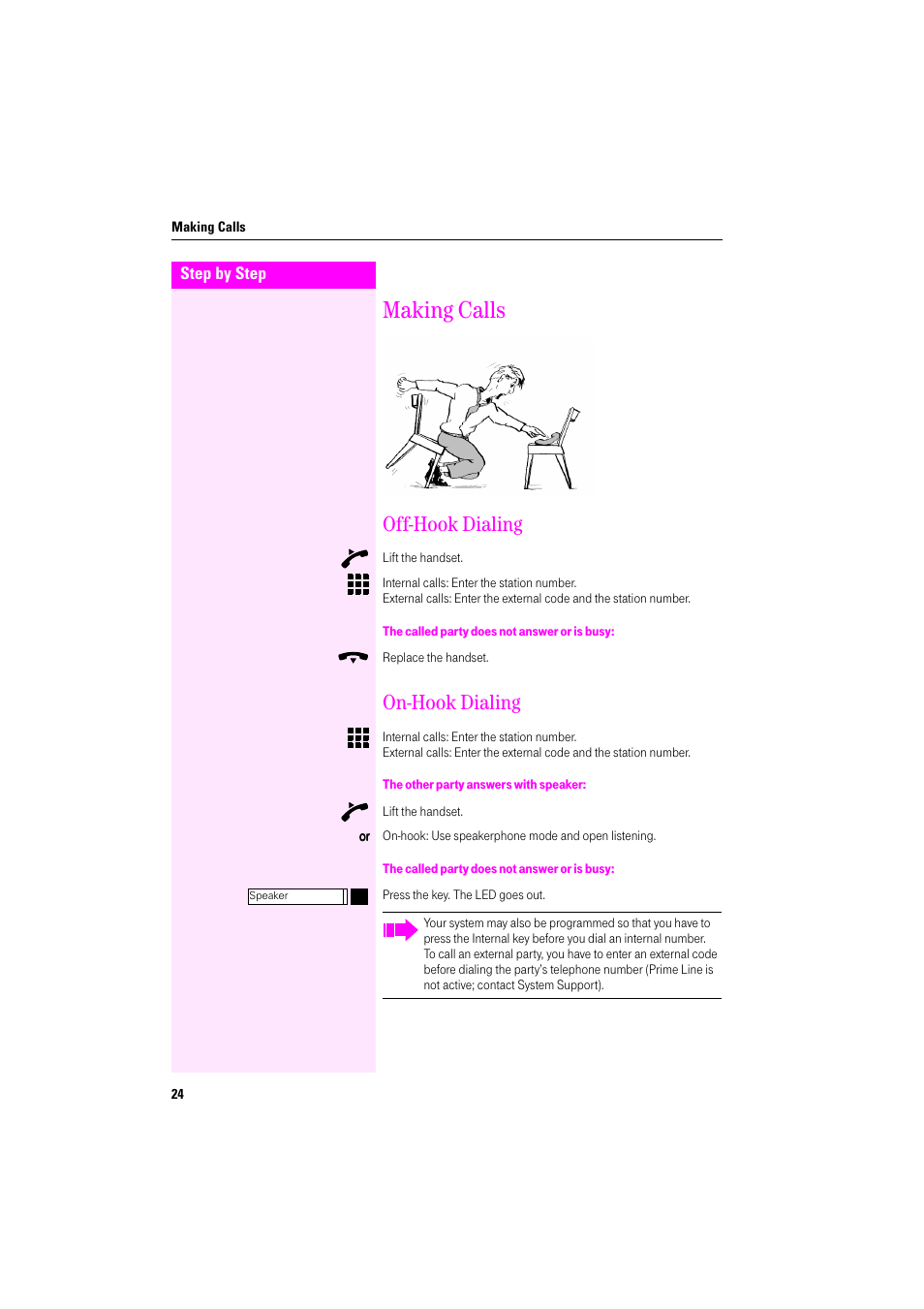 Making calls, Off-hook dialing, The called party does not answer or is busy | On-hook dialing, The other party answers with speaker, Off-hook dialing on-hook dialing | Deutsche Telekom Octophon F400 User Manual | Page 24 / 106
