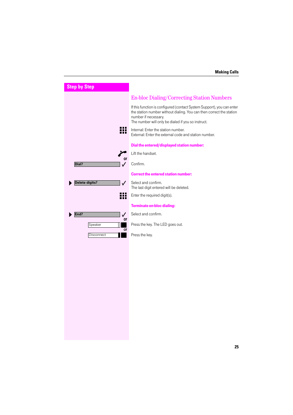 En-bloc dialing/correcting station numbers, Dial the entered/displayed station number, Correct the entered station number | Terminate en-bloc dialing | Deutsche Telekom Octophon F400 User Manual | Page 25 / 106