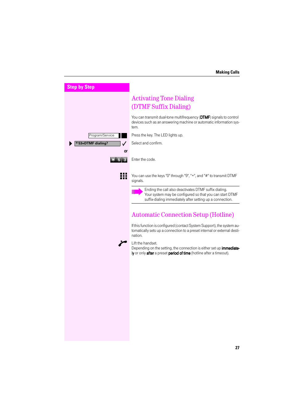 Activating tone dialing (dtmf suffix dialing), Automatic connection setup (hotline) | Deutsche Telekom Octophon F400 User Manual | Page 27 / 106