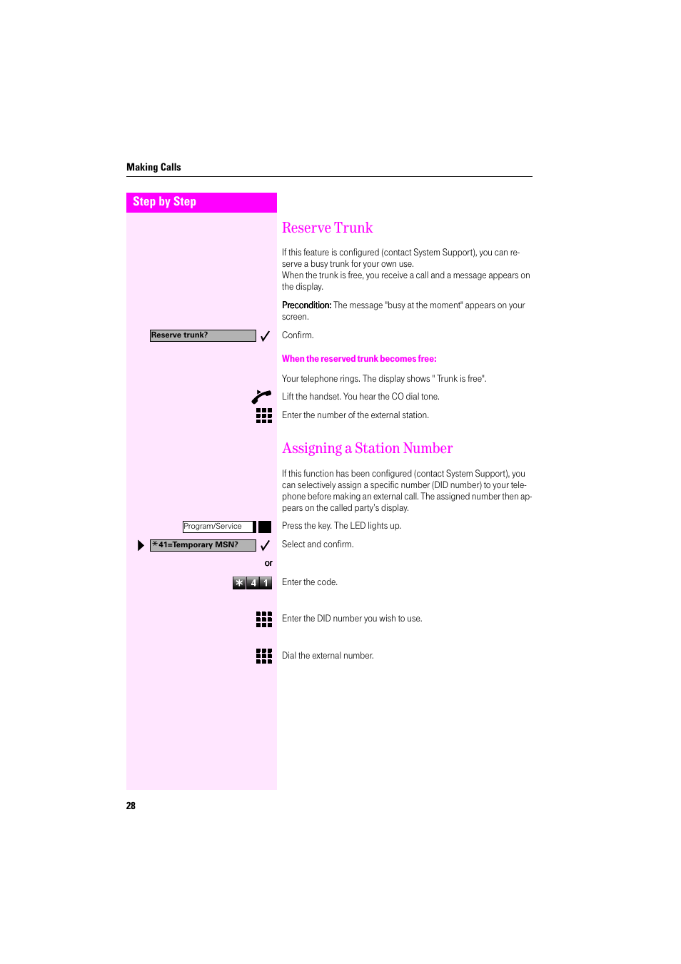 Reserve trunk, When the reserved trunk becomes free, Assigning a station number | Reserve trunk assigning a station number | Deutsche Telekom Octophon F400 User Manual | Page 28 / 106