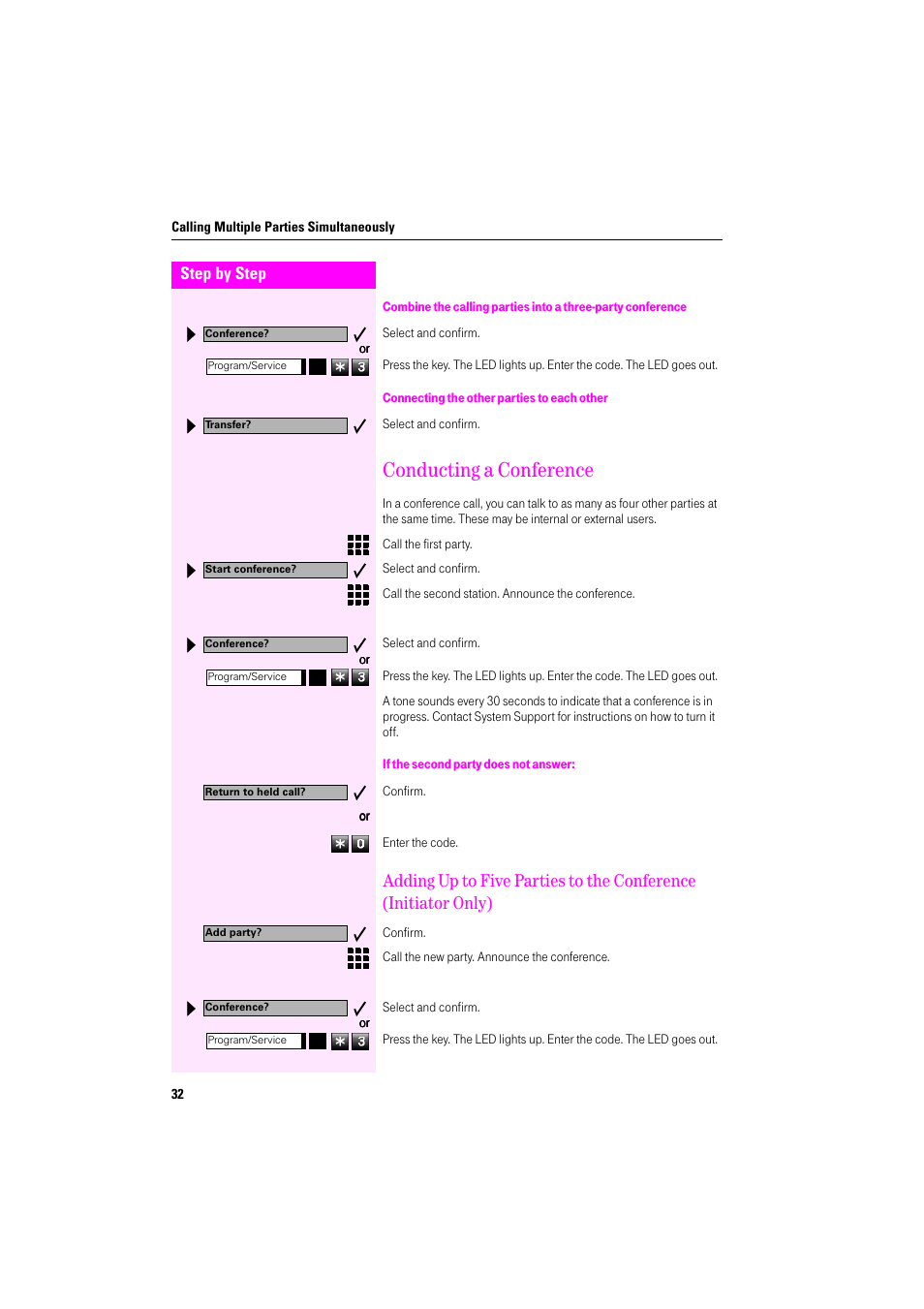 Connecting the other parties to each other, Conducting a conference, If the second party does not answer | Deutsche Telekom Octophon F400 User Manual | Page 32 / 106