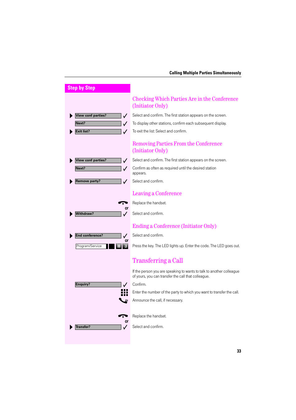 Leaving a conference, Ending a conference (initiator only), Transferring a call | Deutsche Telekom Octophon F400 User Manual | Page 33 / 106