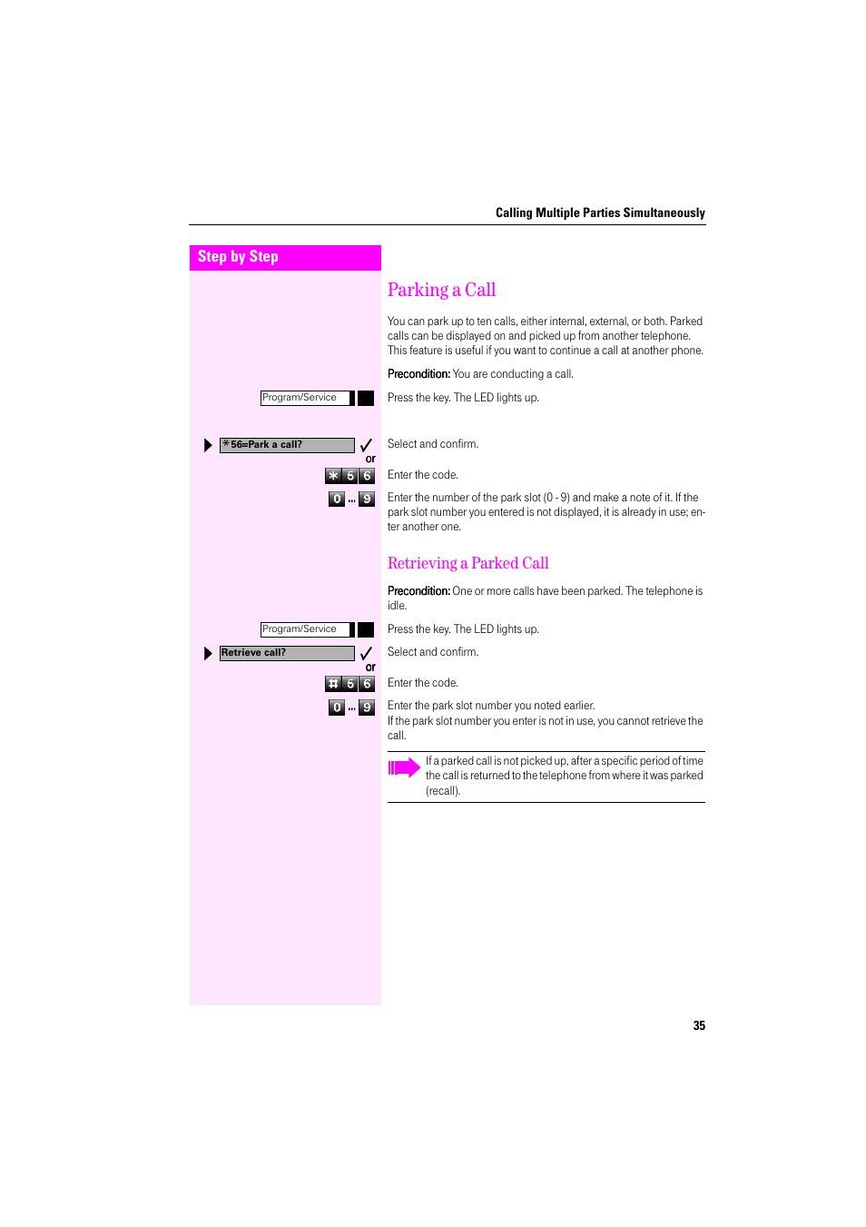Parking a call, Retrieving a parked call | Deutsche Telekom Octophon F400 User Manual | Page 35 / 106