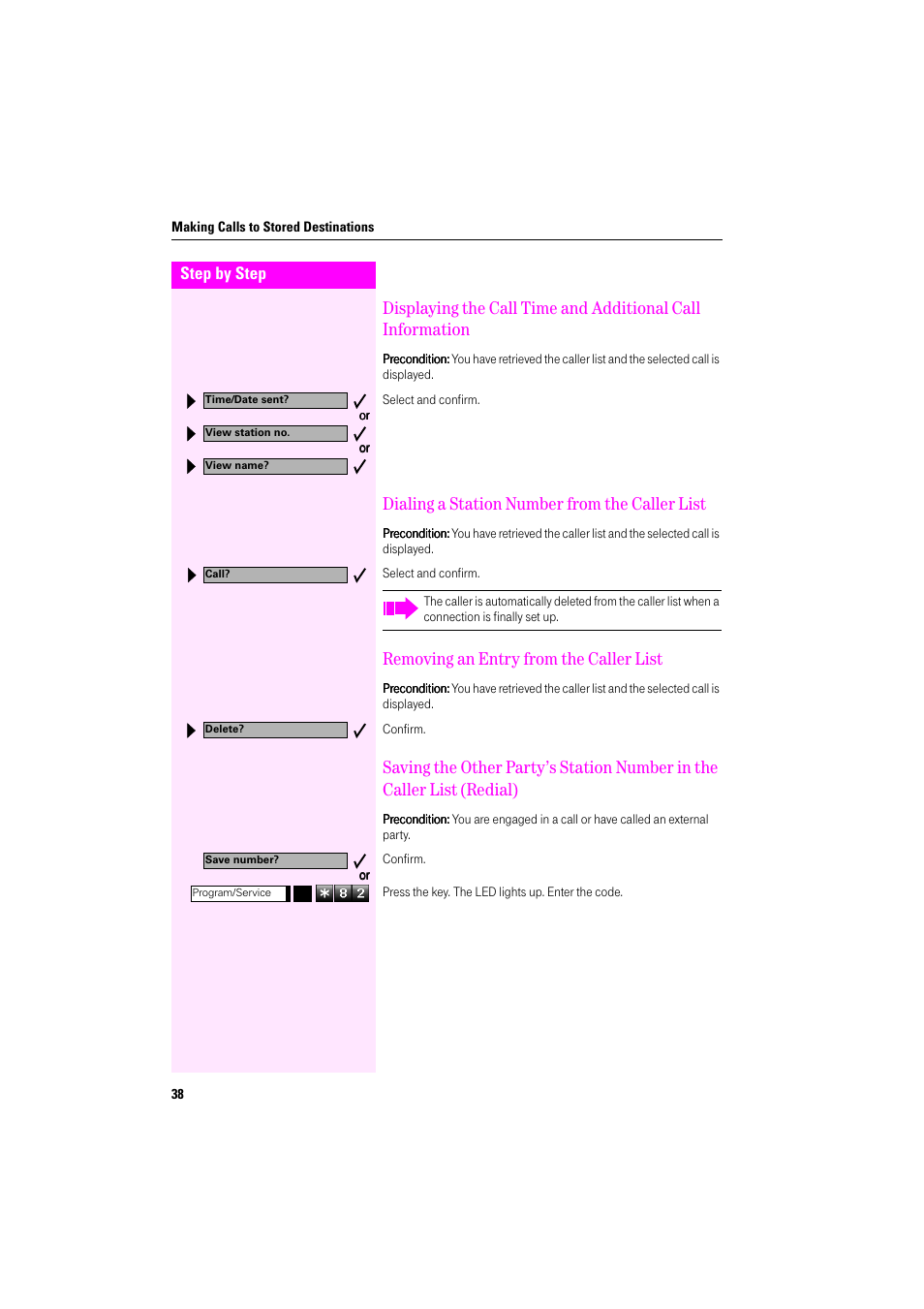 Dialing a station number from the caller list, Removing an entry from the caller list | Deutsche Telekom Octophon F400 User Manual | Page 38 / 106