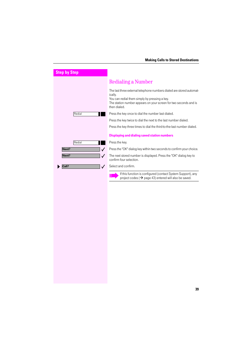 Redialing a number, Displaying and dialing saved station numbers | Deutsche Telekom Octophon F400 User Manual | Page 39 / 106