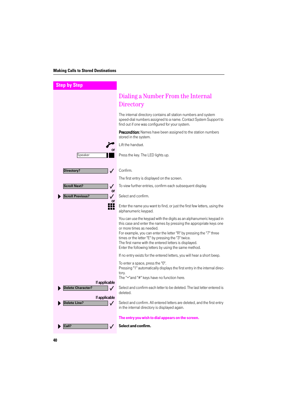 Dialing a number from the internal directory, The entry you wish to dial appears on the screen, Select and confirm | Deutsche Telekom Octophon F400 User Manual | Page 40 / 106