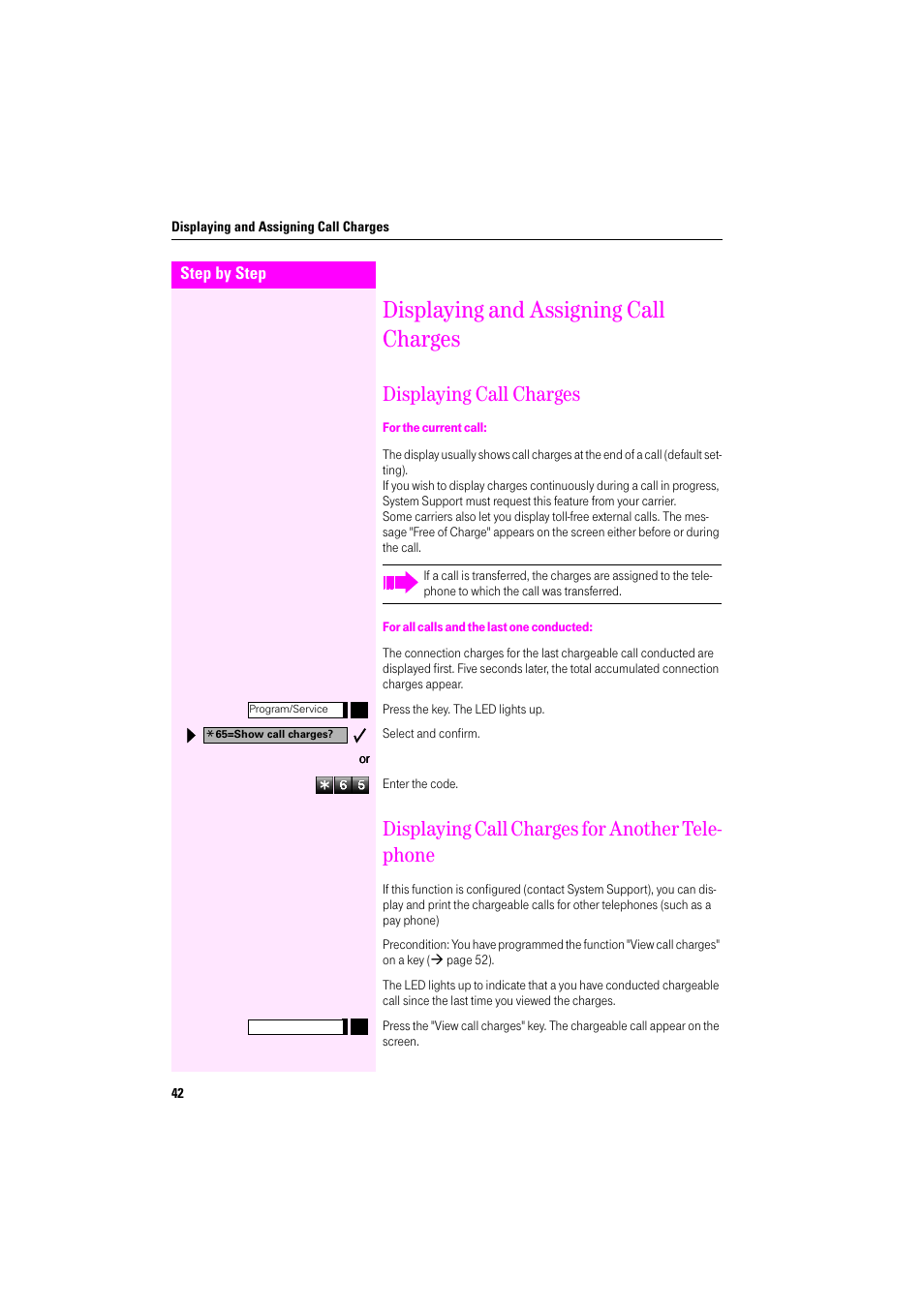 Displaying and assigning call charges, Displaying call charges, For the current call | For all calls and the last one conducted, Displaying call charges for another telephone, Displaying call charges for another tele- phone | Deutsche Telekom Octophon F400 User Manual | Page 42 / 106