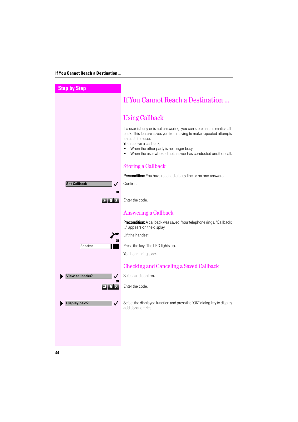 If you cannot reach a destination, Using callback, Storing a callback | Answering a callback, Checking and canceling a saved callback | Deutsche Telekom Octophon F400 User Manual | Page 44 / 106