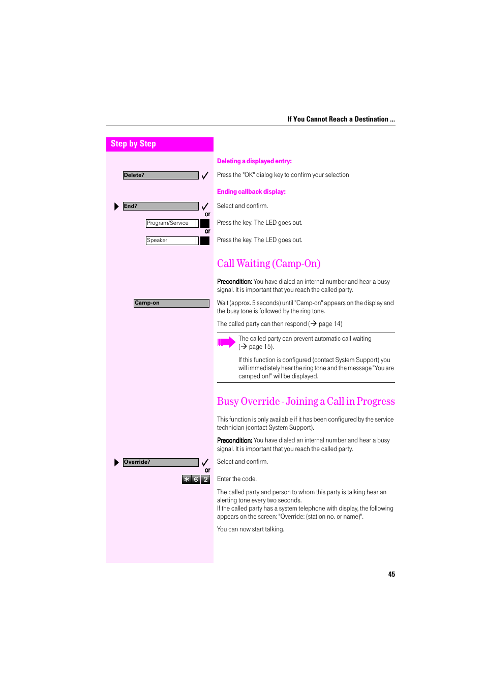 Deleting a displayed entry, Ending callback display, Call waiting (camp-on) | Busy override - joining a call in progress | Deutsche Telekom Octophon F400 User Manual | Page 45 / 106