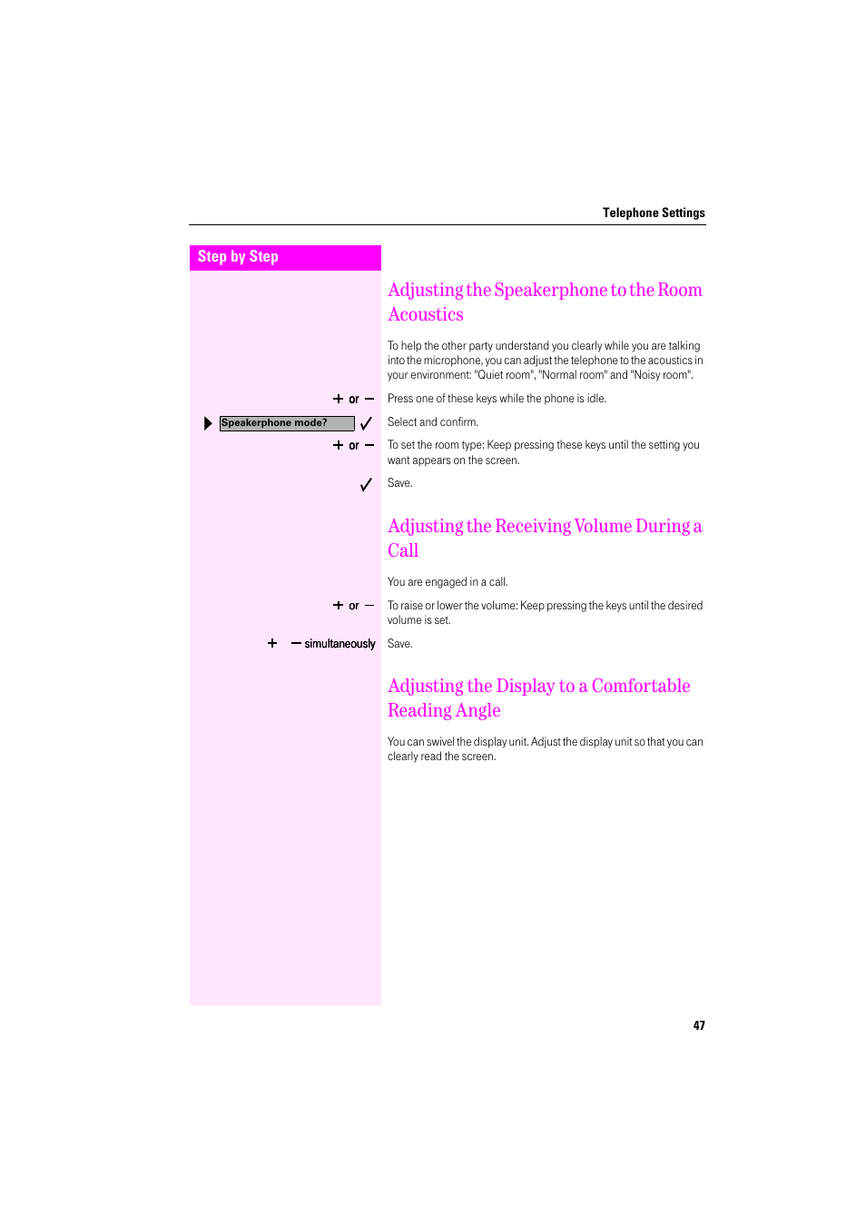 Adjusting the speakerphone to the room acoustics, Adjusting the receiving volume during a call | Deutsche Telekom Octophon F400 User Manual | Page 47 / 106