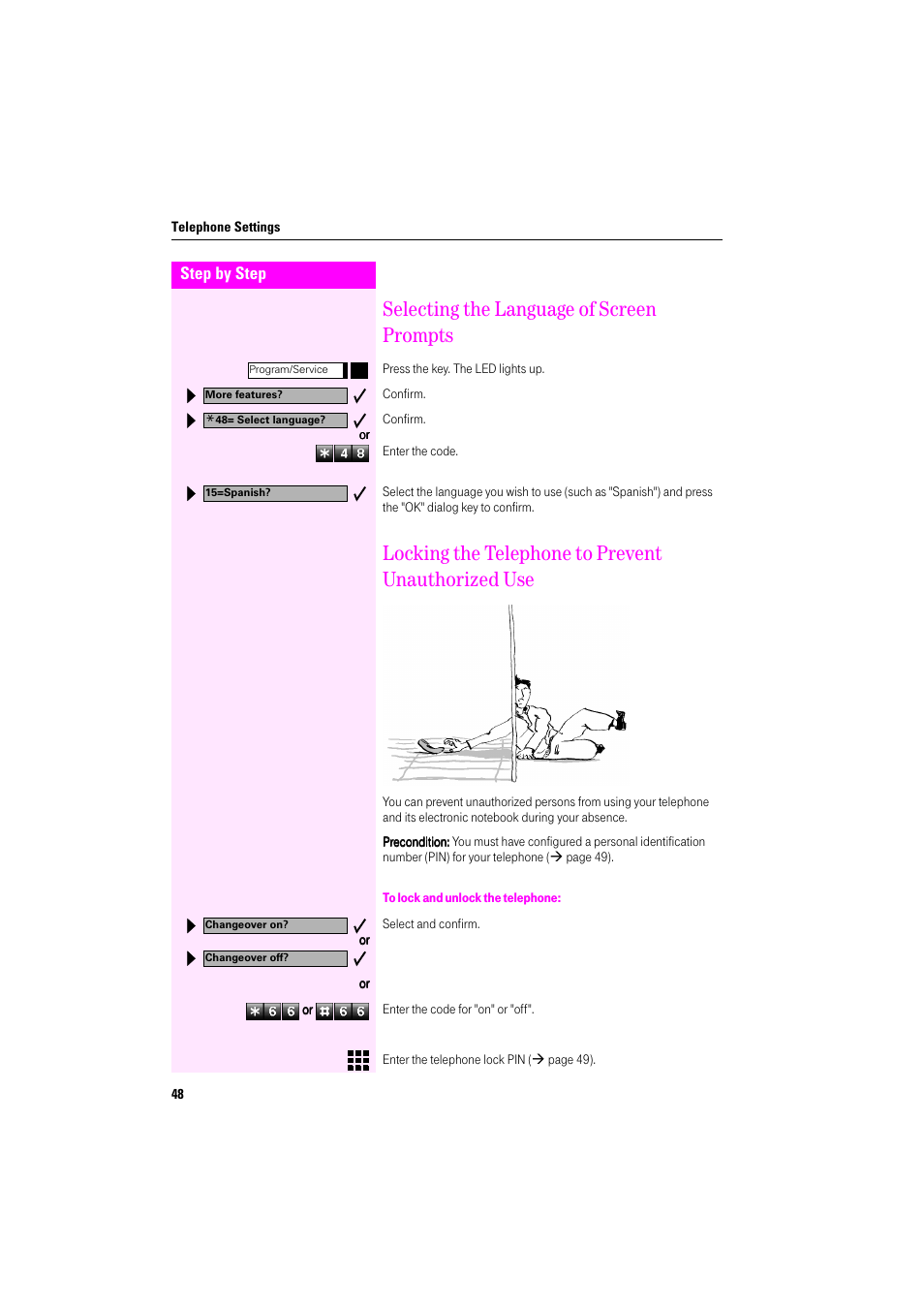 Selecting the language of screen prompts, Locking the telephone to prevent unauthorized use, To lock and unlock the telephone | Deutsche Telekom Octophon F400 User Manual | Page 48 / 106