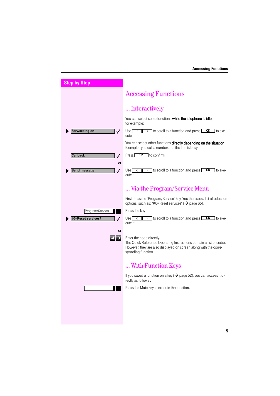 Accessing functions, Interactively, Via the program/service menu | With function keys | Deutsche Telekom Octophon F400 User Manual | Page 5 / 106