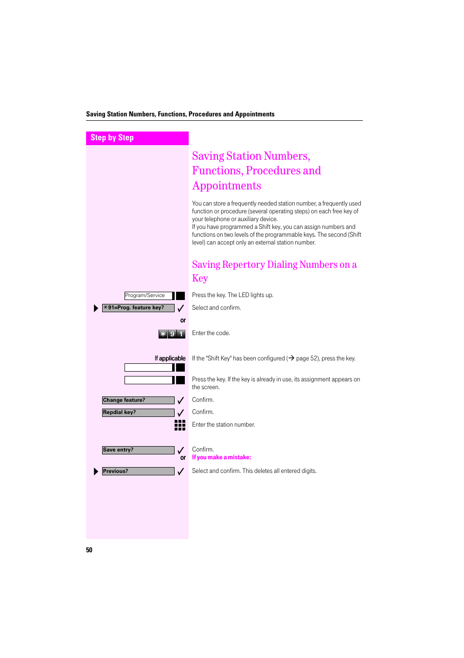 Saving repertory dialing numbers on a key, If you make a mistake | Deutsche Telekom Octophon F400 User Manual | Page 50 / 106