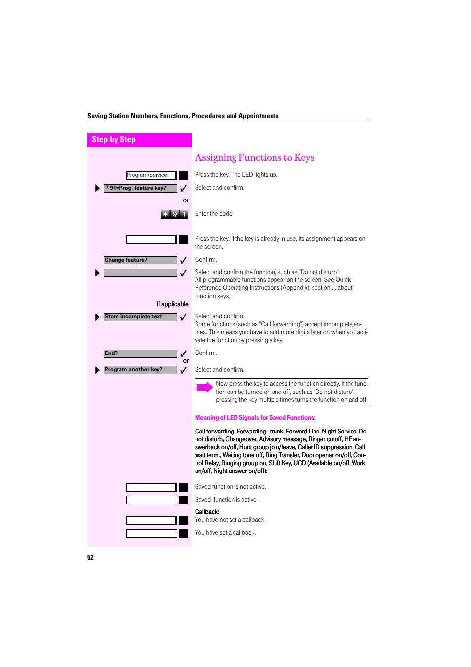 Assigning functions to keys, Meaning of led signals for saved functions, This line | Deutsche Telekom Octophon F400 User Manual | Page 52 / 106